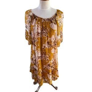 Italian Designer Flowy Silk Peasant Dress golden mustard Floral Print S